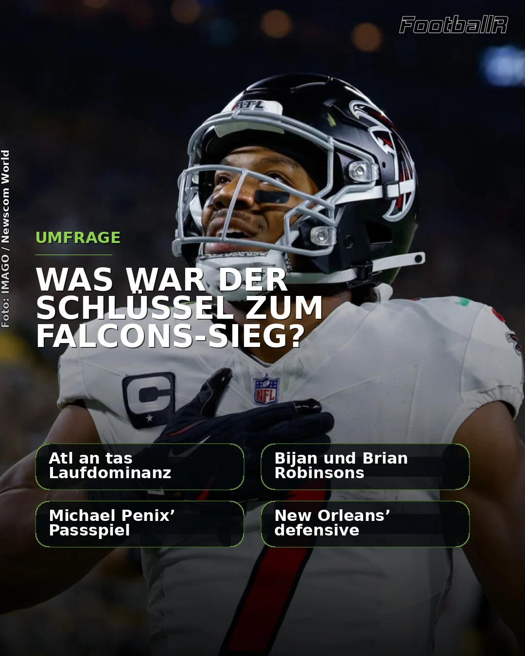 Bijan Robinson steht auf dem Spielfeld neben einer deutschsprachigen Umfrage, in der vier Multiple-Choice-Optionen für den Schlüssel zum Sieg der Falcons aufgeführt sind. Alt-Text wurde KI-generiert.