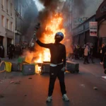 Eine maskierte Person mit Helm steht auf einer Straße in Paris und hält eine Laterne über einen brennenden Trümmerhaufen, während Menschen vorbeigehen.