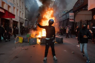 Eine maskierte Person mit Helm steht auf einer Straße in Paris und hält eine Laterne über einen brennenden Trümmerhaufen, während Menschen vorbeigehen.