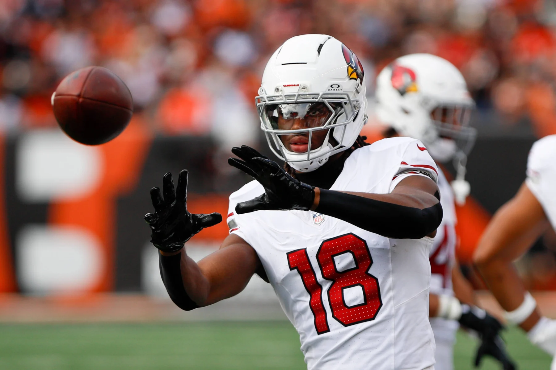 Marvin Harrison Jr - Der Wide Receiver mit der Nummer 18 der Arizona Cardinals streckt die Arme aus, um den Football zu fangen, während die Cardinals kurz vor einem Touchdown stehen. Alt-Text wurde KI-generiert.