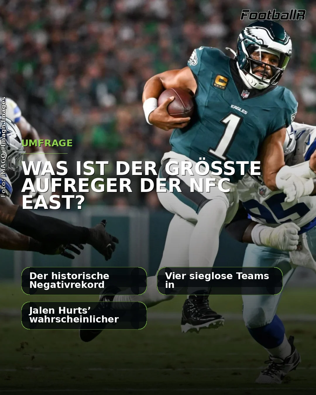 Jalen Hurts läuft mit dem Football während eines Spiels der NFC East, unterlegt mit einem deutschen Umfragetext über die größte Frustration in der Division.