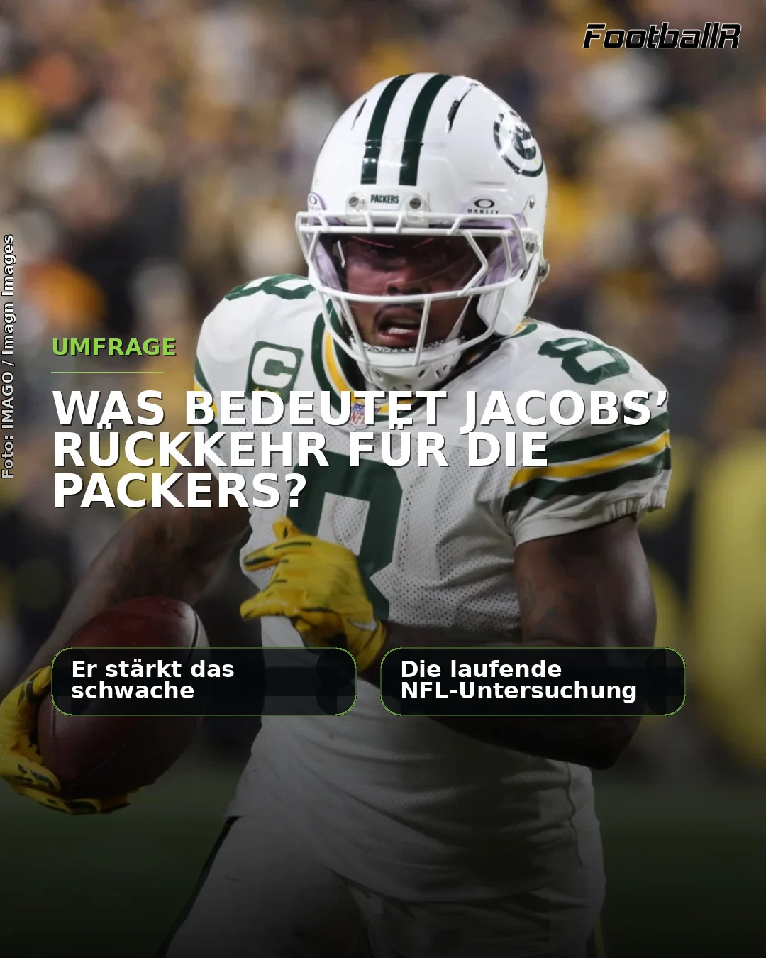 Auf einem Bild mit deutschem Text trägt Josh Jacobs, Runningback der Green Bay Packers, den Football über das Spielfeld.