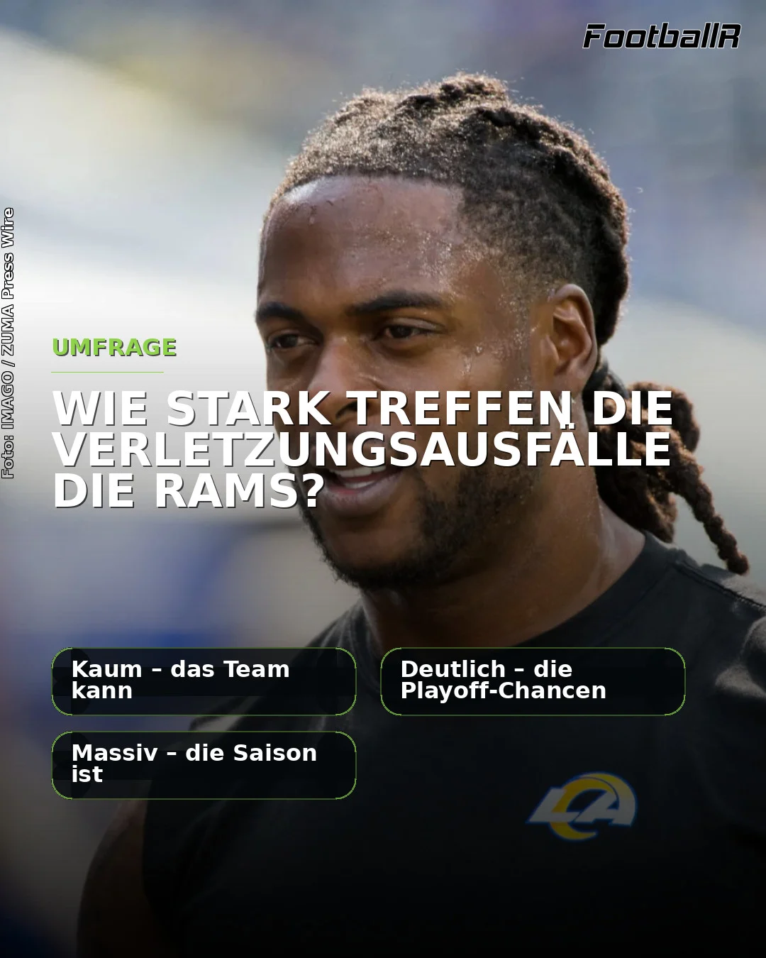 Porträt eines Footballspielers mit einer eingeblendeten Umfrage auf Deutsch über die Auswirkungen einer Verletzung von Davante Adams auf die Rams, mit drei Antwortmöglichkeiten.