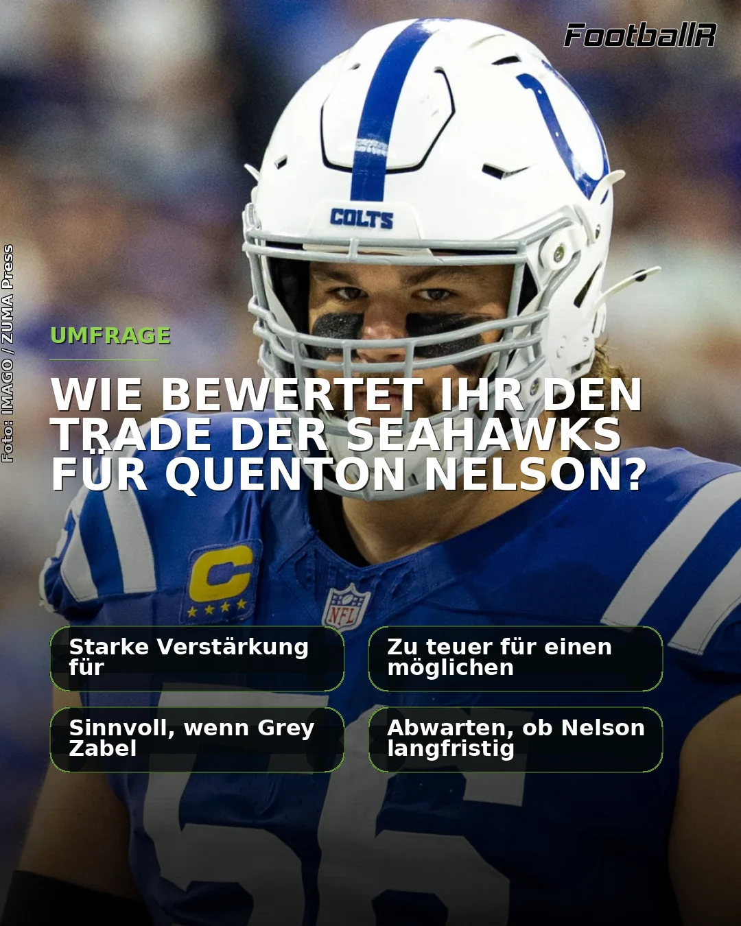 Quenton Nelson trägt ein blau-weißes Trikot der Indianapolis Colts, und auf dem Bild ist eine Umfrage zu einem möglichen Transfer zu den Seahawks eingeblendet.