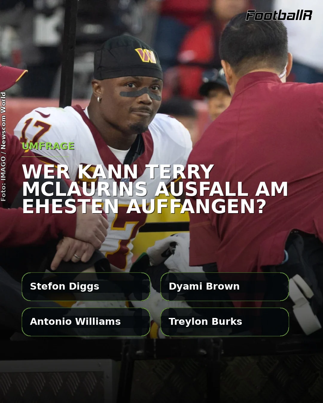 Terry McLaurin wird von einem Betreuer am Spielfeldrand behandelt, während eine Umfrage eingeblendet wird.