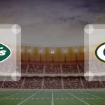 Football-Stadion mit dem Logo der New York Jets auf der linken Seite und dem Logo der Green Bay Packers auf der rechten Seite, die auf das Spiel am 16.10.2022 hinweisen. Alt-Text wurde KI-generiert.
