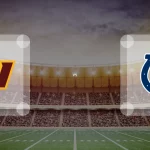 Ein Football-Stadion-Hintergrund mit dem Logo der Washington Commanders auf der linken Seite und dem Logo der Indianapolis Colts auf der rechten Seite, getrennt durch das Wort "vs." in der Mitte, hebt ihr Spiel am 30.10.2022 hervor. Alt-Text wurde KI-generiert.