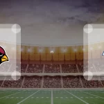Die Logos der Arizona Cardinals und der Los Angeles Rams auf einem Football-Feld mit Stadionbeleuchtung und bewölktem Himmel, die die intensive Atmosphäre der Rivalität bei ihrem 18.01.2022 Match einfangen. Alt-Text wurde KI-generiert.
