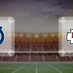 Die Logos der Indianapolis Colts und der Kansas City Chiefs sind vor dem Hintergrund eines Football-Stadions zu sehen, was die Vorfreude auf die Saison 2025 unterstreicht. Alt-Text wurde KI-generiert.