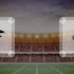 Ein leerer Football-Stadion-Hintergrund mit dem Logo der Atlanta Falcons aus dem Jahr 2025 auf der linken Seite und dem Logo der New Orleans Saints auf der rechten Seite, getrennt durch "vs" in der Mitte. Alt-Text wurde KI-generiert.