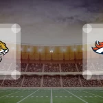 Ein Football-Stadion-Hintergrund mit dem Logo der Jacksonville Jaguars auf der linken Seite und dem Logo der Denver Broncos auf der rechten Seite, der ein spannendes Match zwischen diesen beiden Teams im Jahr 2025 hervorhebt. Alt-Text wurde KI-generiert.
