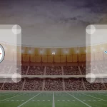 Grafik mit dem Logo der Pittsburgh Steelers 2025 auf der linken Seite und dem Logo der Detroit Lions auf der rechten Seite, vor dem Hintergrund eines Football-Stadions. Alt-Text wurde KI-generiert.