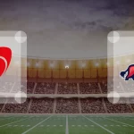 Eine Gamecard Grafik fuer das Spiel zwischen den Saarland Hurricanes und ifm Razorbacks Ravensburg am 09.05.26. die zwei Teamlogos stehen sich in einem Stadion mit vielen Zuschauern gegenueber.