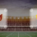 Eine Gamecard Grafik fuer das Spiel zwischen den Regensburg Phoenix und Hildesheim Invaders am 16.05.26. die zwei Teamlogos stehen sich in einem Stadion mit vielen Zuschauern gegenueber.