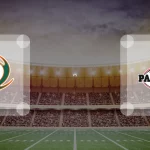 Eine Gamecard Grafik fuer das Spiel zwischen den Kiel Baltic Hurricanes und Düsseldorf Panther am 13.06.26. die zwei Teamlogos stehen sich in einem Stadion mit vielen Zuschauern gegenueber.