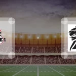 Eine Gamecard Grafik fuer das Spiel zwischen den Düsseldorf Panther und Braunschweig Lions am 20.06.26. die zwei Teamlogos stehen sich in einem Stadion mit vielen Zuschauern gegenueber.