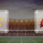 Eine Gamecard Grafik fuer das Spiel zwischen den Hildesheim Invaders und Potsdam Royals am 20.06.26. die zwei Teamlogos stehen sich in einem Stadion mit vielen Zuschauern gegenueber.