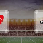 Eine Gamecard Grafik fuer das Spiel zwischen den Saarland Hurricanes und Düsseldorf Panther am 27.06.26. die zwei Teamlogos stehen sich in einem Stadion mit vielen Zuschauern gegenueber.