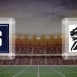 Eine Gamecard Grafik fuer das Spiel zwischen den Straubing Spiders und Braunschweig Lions am 27.06.26. die zwei Teamlogos stehen sich in einem Stadion mit vielen Zuschauern gegenueber.