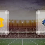 Eine Gamecard Grafik fuer das Spiel zwischen den Munich Cowboys und Dresden Monarchs am 25.07.26. die zwei Teamlogos stehen sich in einem Stadion mit vielen Zuschauern gegenueber.