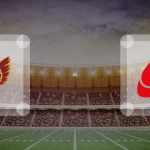 Eine Gamecard Grafik fuer das Spiel zwischen den Regensburg Phoenix und Saarland Hurricanes am 01.08.26. die zwei Teamlogos stehen sich in einem Stadion mit vielen Zuschauern gegenueber.