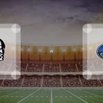 Eine Gamecard Grafik fuer das Spiel zwischen den Berlin Rebels und Dresden Monarchs am 08.08.26. die zwei Teamlogos stehen sich in einem Stadion mit vielen Zuschauern gegenueber.