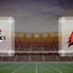 Eine Gamecard Grafik fuer das Spiel zwischen den Düsseldorf Panther und Potsdam Royals am 08.08.26. die zwei Teamlogos stehen sich in einem Stadion mit vielen Zuschauern gegenueber.