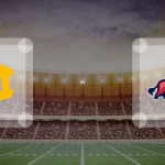 Eine Gamecard Grafik fuer das Spiel zwischen den Munich Cowboys und ifm Razorbacks Ravensburg am 15.08.26. die zwei Teamlogos stehen sich in einem Stadion mit vielen Zuschauern gegenueber.