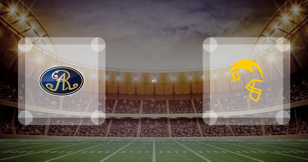 Eine Gamecard Grafik fuer das Spiel zwischen den Dresden Monarchs und Hildesheim Invaders am 16.08.26. die zwei Teamlogos stehen sich in einem Stadion mit vielen Zuschauern gegenueber.