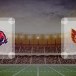 Eine Gamecard Grafik fuer das Spiel zwischen den ifm Razorbacks Ravensburg und Regensburg Phoenix am 23.08.26. die zwei Teamlogos stehen sich in einem Stadion mit vielen Zuschauern gegenueber.