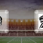 Eine Gamecard Grafik fuer das Spiel zwischen den Berlin Rebels und Braunschweig Lions am 29.08.26. die zwei Teamlogos stehen sich in einem Stadion mit vielen Zuschauern gegenueber.