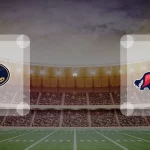 Eine Gamecard Grafik fuer das Spiel zwischen den Dresden Monarchs und ifm Razorbacks Ravensburg am 30.08.26. die zwei Teamlogos stehen sich in einem Stadion mit vielen Zuschauern gegenueber.