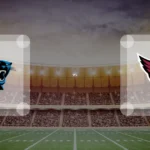 Eine Gamecard Grafik fuer das Spiel zwischen den Carolina Panthers und Arizona Cardinals am 07.08.26. die zwei Teamlogos stehen sich in einem Stadion mit vielen Zuschauern gegenueber.