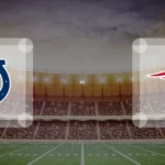Eine Gamecard Grafik fuer das Spiel zwischen den Indianapolis Colts und New England Patriots am 14.08.26. die zwei Teamlogos stehen sich in einem Stadion mit vielen Zuschauern gegenueber.