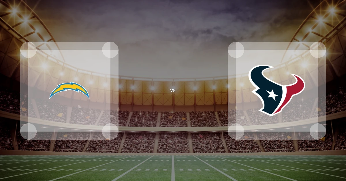 Eine Gamecard Grafik fuer das Spiel zwischen den Los Angeles Chargers und Houston Texans am 14.08.26. die zwei Teamlogos stehen sich in einem Stadion mit vielen Zuschauern gegenueber.