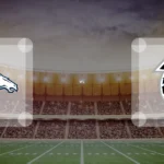 Eine Gamecard Grafik fuer das Spiel zwischen den Denver Broncos und Atlanta Falcons am 15.08.26. die zwei Teamlogos stehen sich in einem Stadion mit vielen Zuschauern gegenueber.