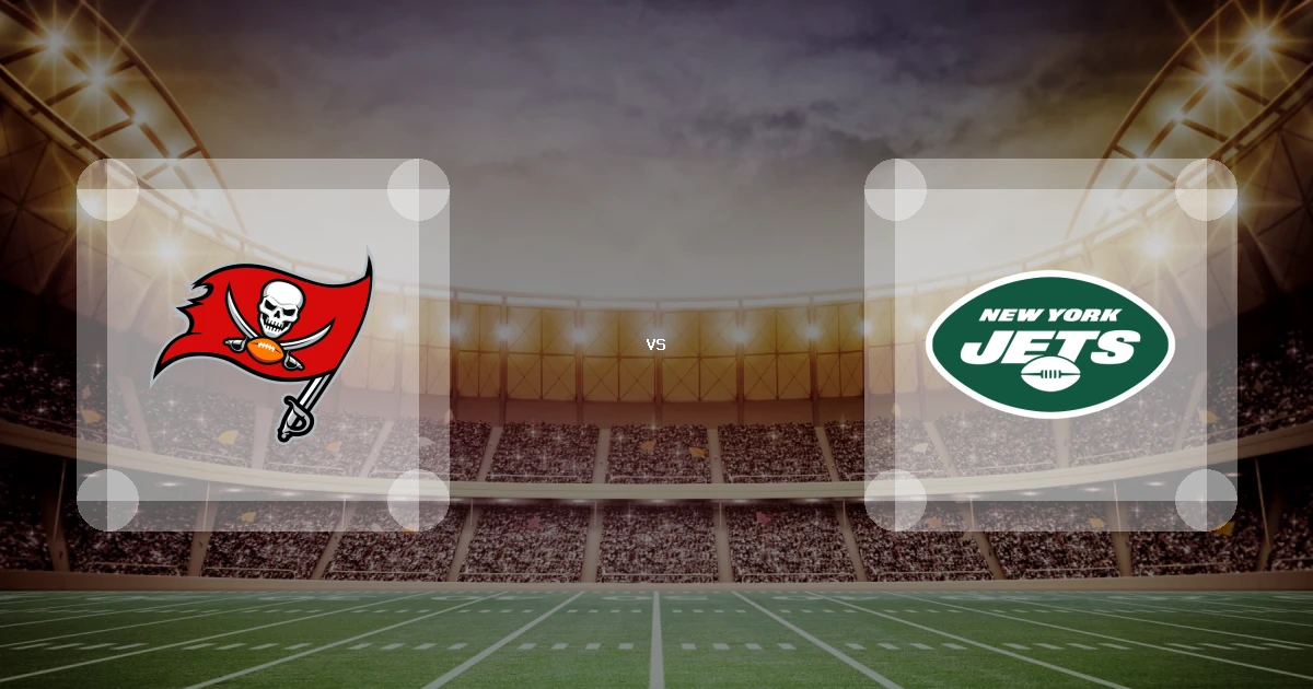 Eine Gamecard Grafik fuer das Spiel zwischen den Tampa Bay Buccaneers und New York Jets am 15.08.26. die zwei Teamlogos stehen sich in einem Stadion mit vielen Zuschauern gegenueber.