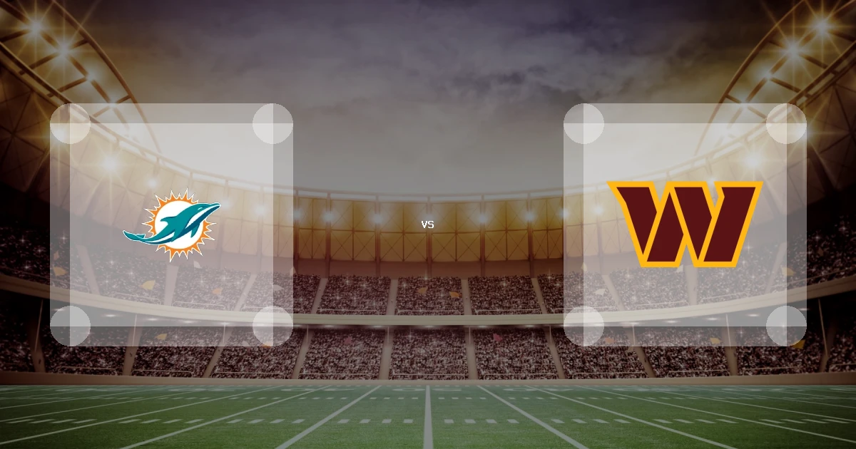Eine Gamecard Grafik fuer das Spiel zwischen den Miami Dolphins und Washington Commanders am 15.08.26. die zwei Teamlogos stehen sich in einem Stadion mit vielen Zuschauern gegenueber.