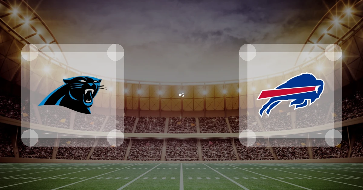 Eine Gamecard Grafik fuer das Spiel zwischen den Carolina Panthers und Buffalo Bills am 15.08.26. die zwei Teamlogos stehen sich in einem Stadion mit vielen Zuschauern gegenueber.