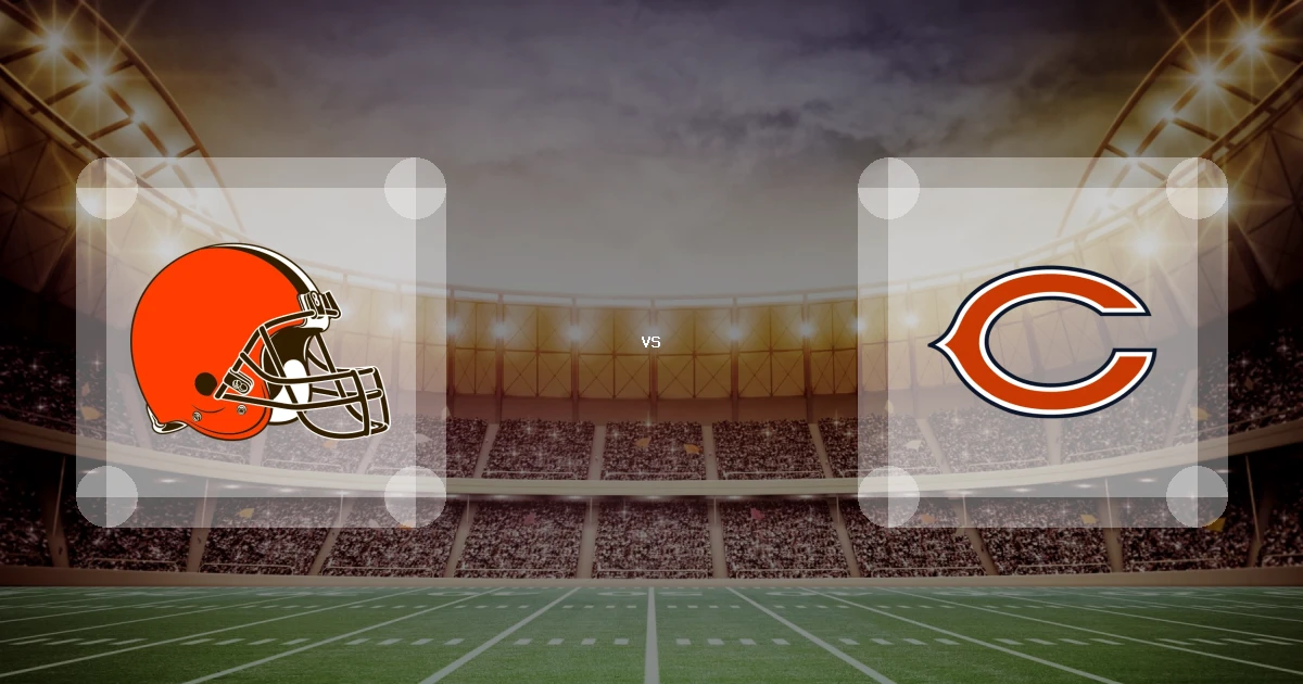 Eine Gamecard Grafik fuer das Spiel zwischen den Cleveland Browns und Chicago Bears am 15.08.26. die zwei Teamlogos stehen sich in einem Stadion mit vielen Zuschauern gegenueber.