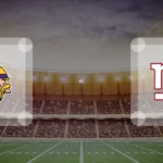 Eine Gamecard Grafik fuer das Spiel zwischen den Minnesota Vikings und New York Giants am 15.08.26. die zwei Teamlogos stehen sich in einem Stadion mit vielen Zuschauern gegenueber.