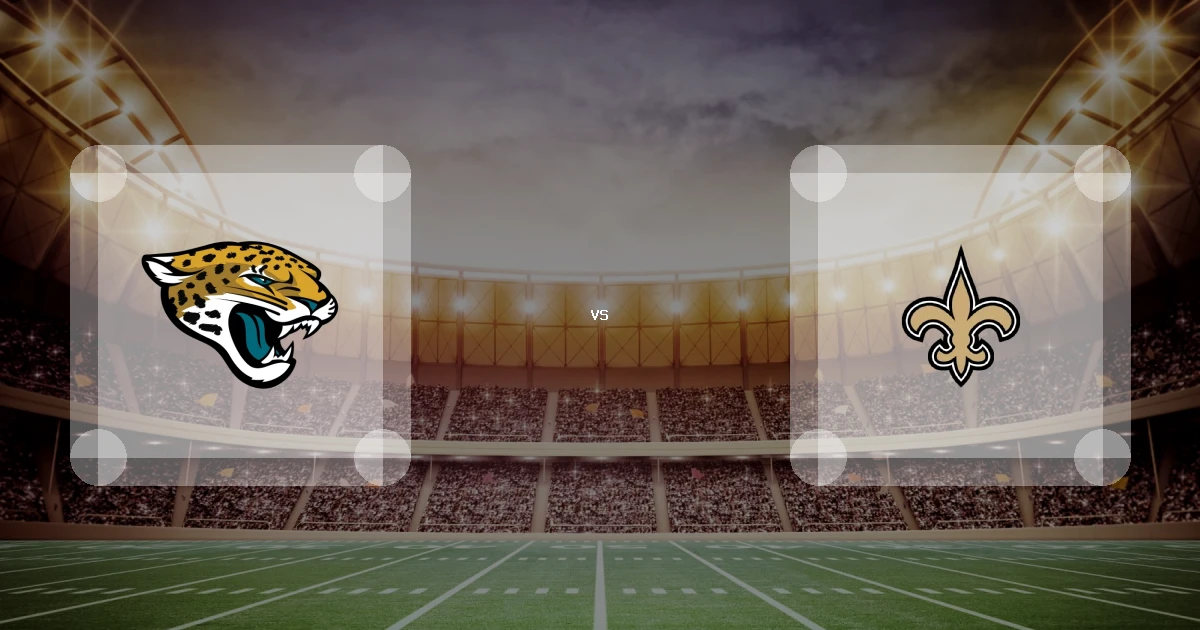 Eine Gamecard Grafik fuer das Spiel zwischen den Jacksonville Jaguars und New Orleans Saints am 16.08.26. die zwei Teamlogos stehen sich in einem Stadion mit vielen Zuschauern gegenueber.
