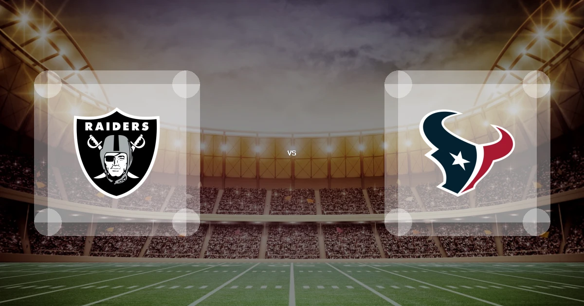 Eine Gamecard Grafik fuer das Spiel zwischen den Las Vegas Raiders und Houston Texans am 21.08.26. die zwei Teamlogos stehen sich in einem Stadion mit vielen Zuschauern gegenueber.