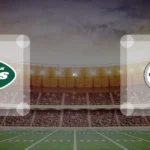 Eine Gamecard Grafik fuer das Spiel zwischen den New York Jets und Pittsburgh Steelers am 22.08.26. die zwei Teamlogos stehen sich in einem Stadion mit vielen Zuschauern gegenueber.