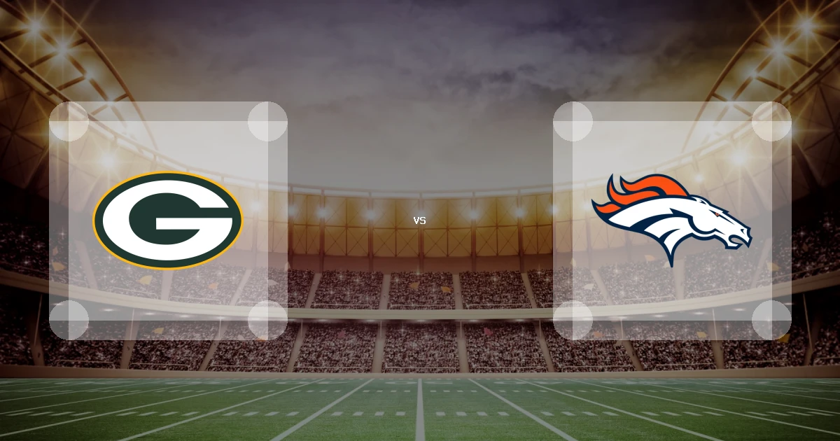 Eine Gamecard Grafik fuer das Spiel zwischen den Green Bay Packers und Denver Broncos am 22.08.26. die zwei Teamlogos stehen sich in einem Stadion mit vielen Zuschauern gegenueber.