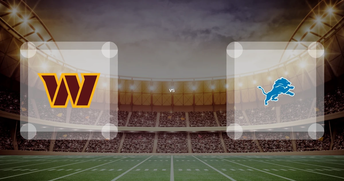 Eine Gamecard Grafik fuer das Spiel zwischen den Washington Commanders und Detroit Lions am 22.08.26. die zwei Teamlogos stehen sich in einem Stadion mit vielen Zuschauern gegenueber.