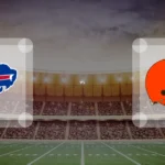Eine Gamecard Grafik fuer das Spiel zwischen den Buffalo Bills und Cleveland Browns am 22.08.26. die zwei Teamlogos stehen sich in einem Stadion mit vielen Zuschauern gegenueber.