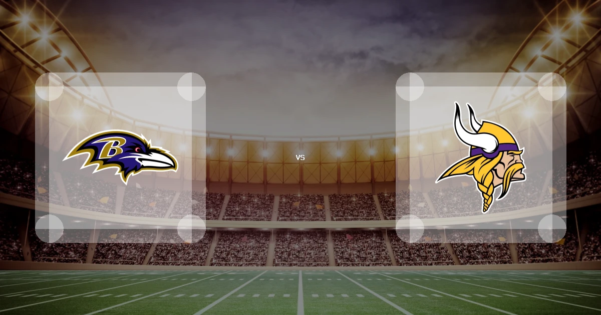 Eine Gamecard Grafik fuer das Spiel zwischen den Baltimore Ravens und Minnesota Vikings am 22.08.26. die zwei Teamlogos stehen sich in einem Stadion mit vielen Zuschauern gegenueber.
