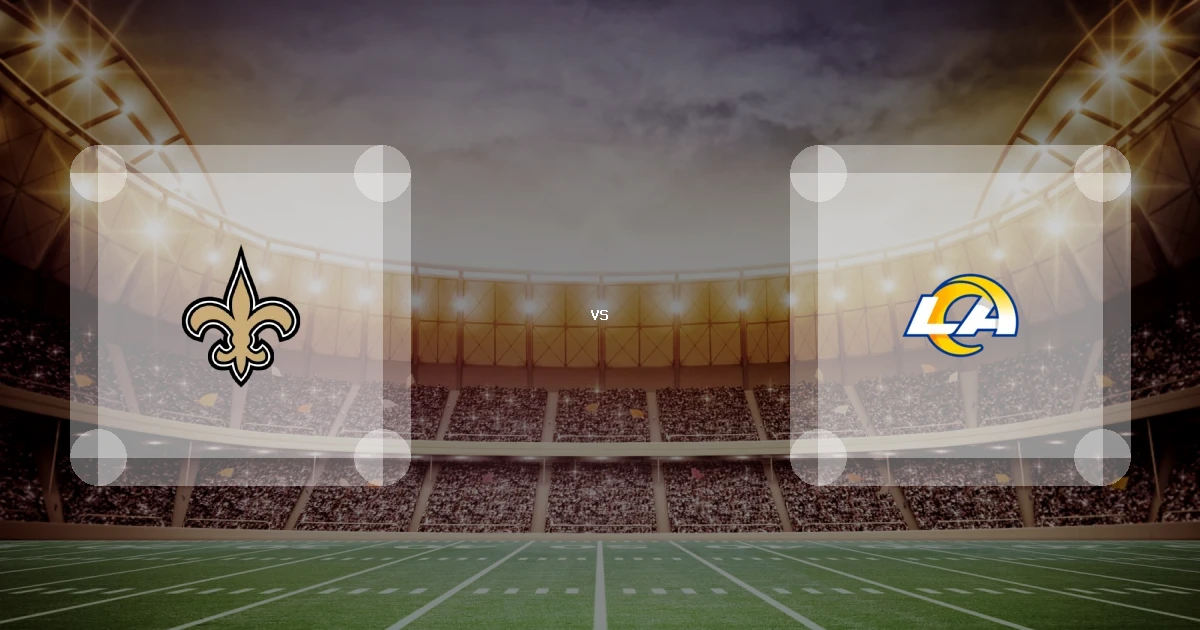 Eine Gamecard Grafik fuer das Spiel zwischen den New Orleans Saints und Los Angeles Rams am 23.08.26. die zwei Teamlogos stehen sich in einem Stadion mit vielen Zuschauern gegenueber.