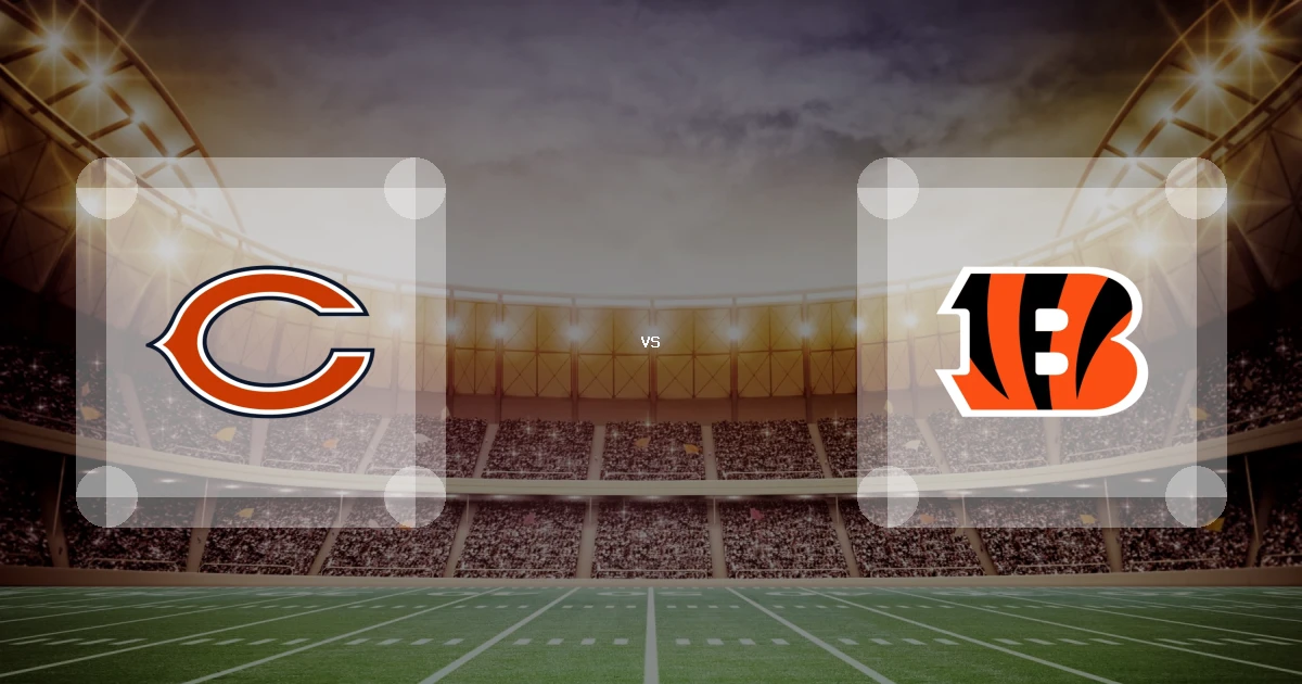 Eine Gamecard Grafik fuer das Spiel zwischen den Chicago Bears und Cincinnati Bengals am 23.08.26. die zwei Teamlogos stehen sich in einem Stadion mit vielen Zuschauern gegenueber.